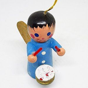 Little Drummer Boy Angel Blue Gold Wood Wooden Christmas Ornament